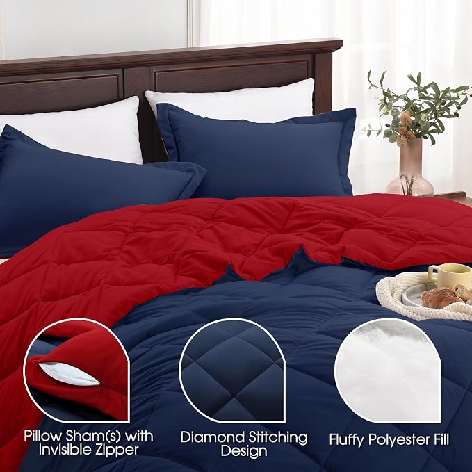 MyFleeciees Down Alternative Comforter Set – Reversible (Navy, Queen)