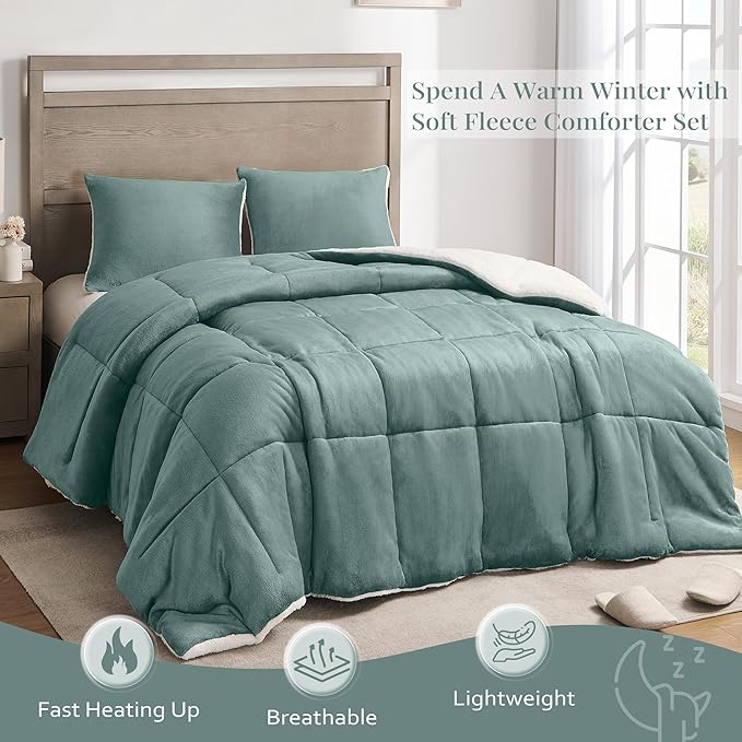 MyFleeciees Fleece Sherpa Comforter Set – Green (Queen)