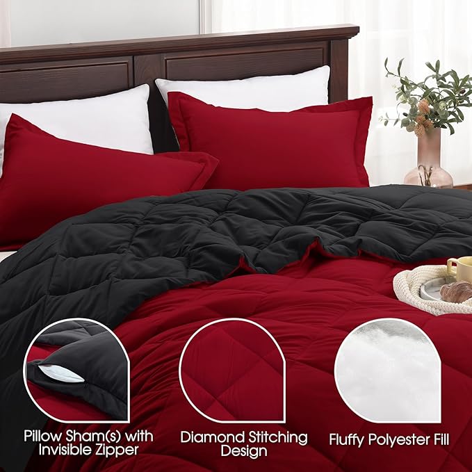 MyFleeciees Reversible Comforter Set – Red/Black (Queen)