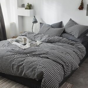 4-Piece Washed Cotton Duvet Cover Set (Full/Double) – black and white check duvet cover set on a bed